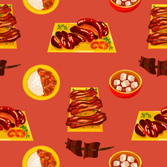 Chinese food seamless pattern. Hand drawn different types of asian food in wooden steamers repeating background. Tasty chinese food, delicious har gao, sticky rice, rolls.
