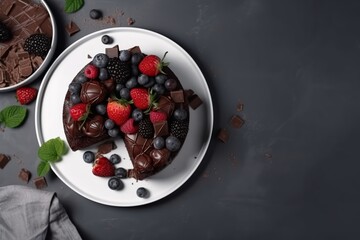 Chocolate cake decorated with strawberries on a black background. Top view. Generative AI