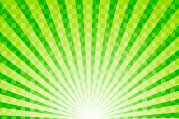 Shiny green gradient background with concentration lines and square dots.