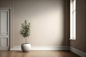Fototapeta na wymiar Interior background of an empty room in a minimalist style, beige wall, plant, wooden floor. Place for text. AI generated