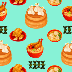 Chinese food seamless pattern. Hand drawn different types of asian food in wooden steamers repeating background. Tasty chinese food, delicious har gao, sticky rice, rolls.