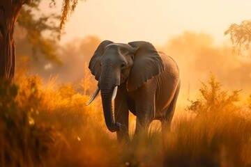 Fototapeta na wymiar African bush elephant is walking across savanna under sunlight. Generative AI.