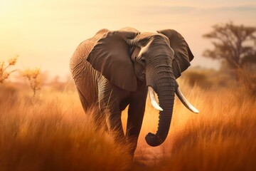 African bush elephant is walking across savanna under sunlight. Generative AI.