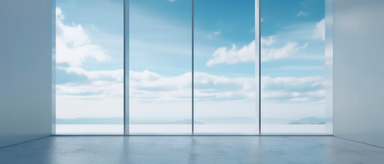 blue sky with clouds through the panoramic windows, calm generative AI  glass wall background 