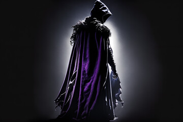 Fantasy Concept Art | mysterious figure emerges from shadows, shrouded in a cloak of deep, rich purple. step forward into light. intricate details on cloak and a sense of grandeur and drama. Ai