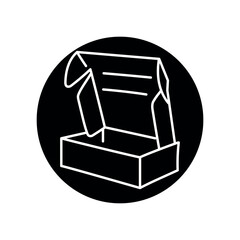 Cardboard lunch box and food black line icon.