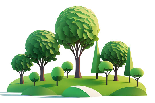 3d illustration landscape with green trees in the park, isolated on white and transparent background, ai generate