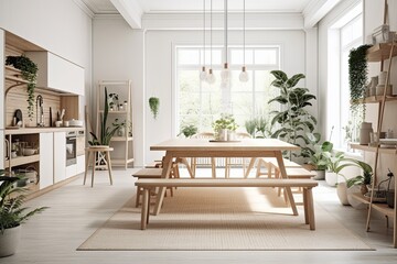 Scandinavian minimalism. Bright studio living, kitchen, and dining. Dishes, island, and plants. Generative AI