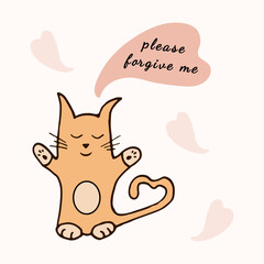 Please forgive me card. Doodle colored Cat. Reconciliation concept. Vector illustration.