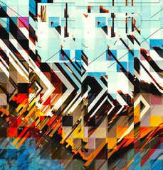 Digital abstract graphic artwork. Vibrant glitch texture. Artwork with deconstructed shapes and graphics elements. Creative graphic design for poster, brochure, flyer and card.