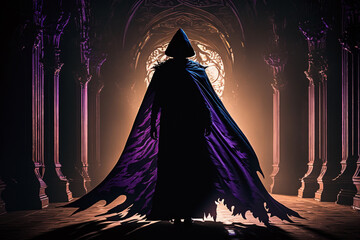 Fantasy Concept Art | mysterious figure emerges from shadows, shrouded in a cloak of deep, rich purple. step forward into light. intricate details on cloak and a sense of grandeur and drama. Ai - obrazy, fototapety, plakaty