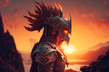 Fantasy Concept Art | A medieval knight warrior with eyes the color of a sunset, wearing full armor, stares intensely ahead. Ai