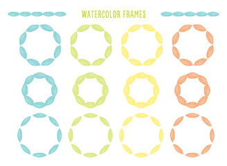 水彩絵の具で描いたパステルカラーのラウンドフレームセット