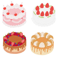 illustration set of cute cake by digital painting on white background