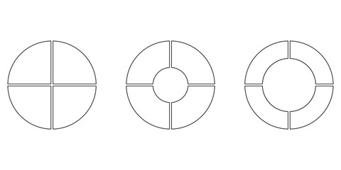 Set of four parts of circle. Pie chart with four same size sectors. Vector illustration isolated on white background.