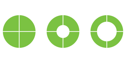 Set of four parts of circle. Pie chart with four same size sectors. Vector illustration isolated on white background.