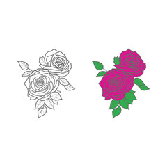 A Beautiful Roses With Leaf Coloring Book, Coloring Page, Line art vector.