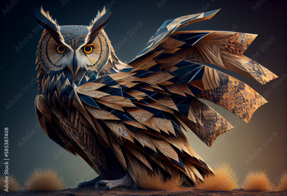 Poster A complex, multi-layered pattern of interlocking shapes that resembles a owl face.  Generative AI technology.
