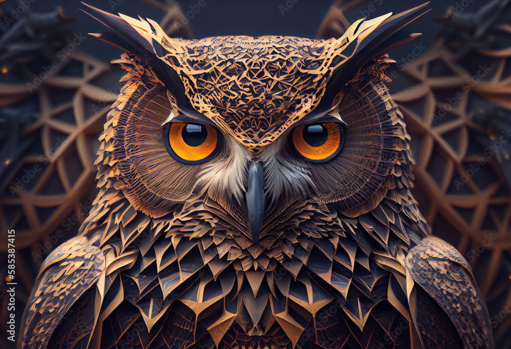 Poster A complex, multi-layered pattern of interlocking shapes that resembles a owl face.  Generative AI technology.
