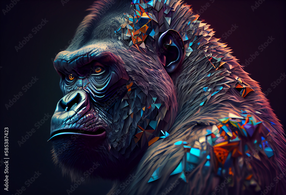 Aufkleber A complex, multi-layered pattern of interlocking shapes that resembles a Monkey face.  Generative AI technology.
