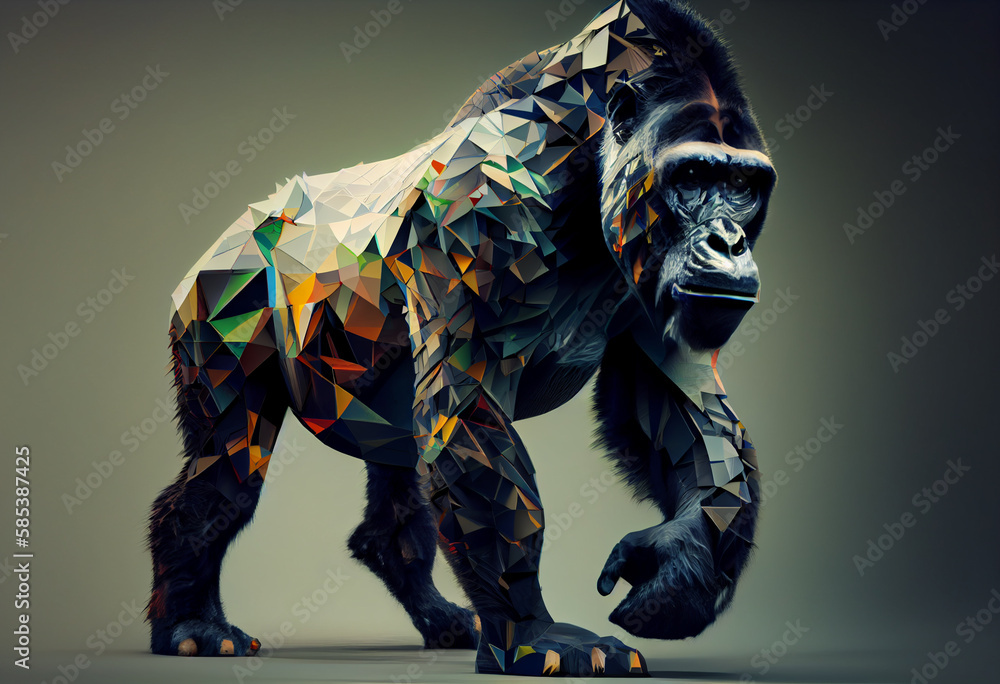 Poster A complex, multi-layered pattern of interlocking shapes that resembles a Monkey face.  Generative AI technology.
