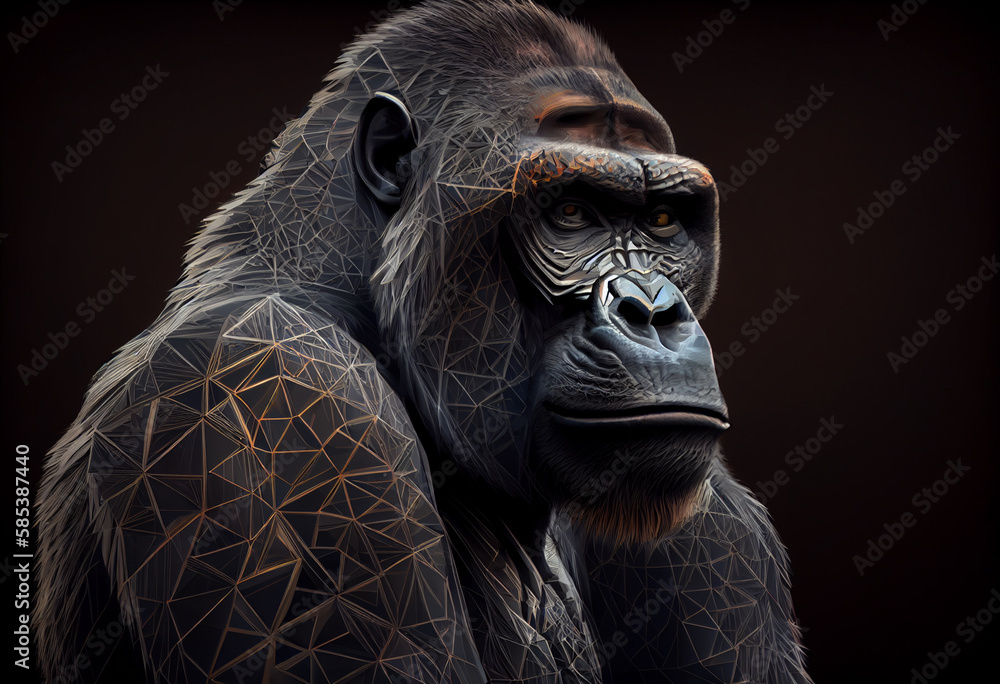 Poster A complex, multi-layered pattern of interlocking shapes that resembles a Monkey face.  Generative AI technology.
