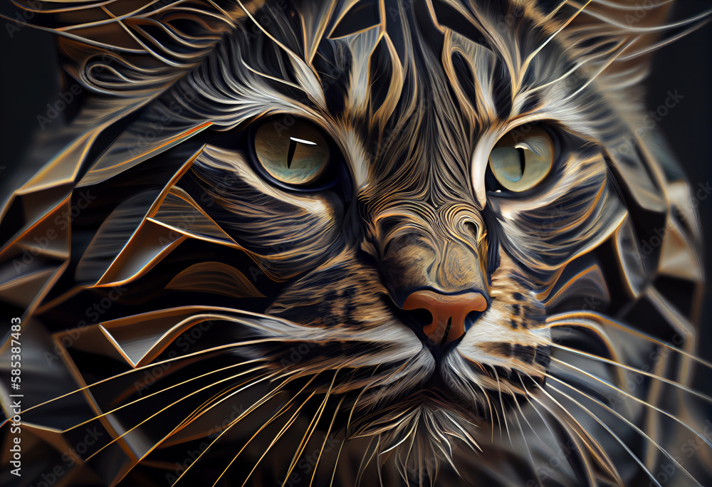 Poster A complex, multi-layered pattern of interlocking shapes that resembles a cat's face.  Generative AI technology.
