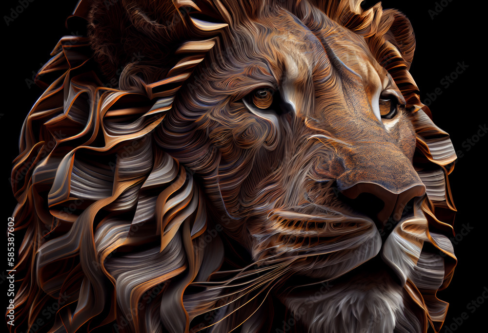 Poster A complex, multi-layered pattern of interlocking shapes that resembles a Lion  face.  Generative AI technology.
