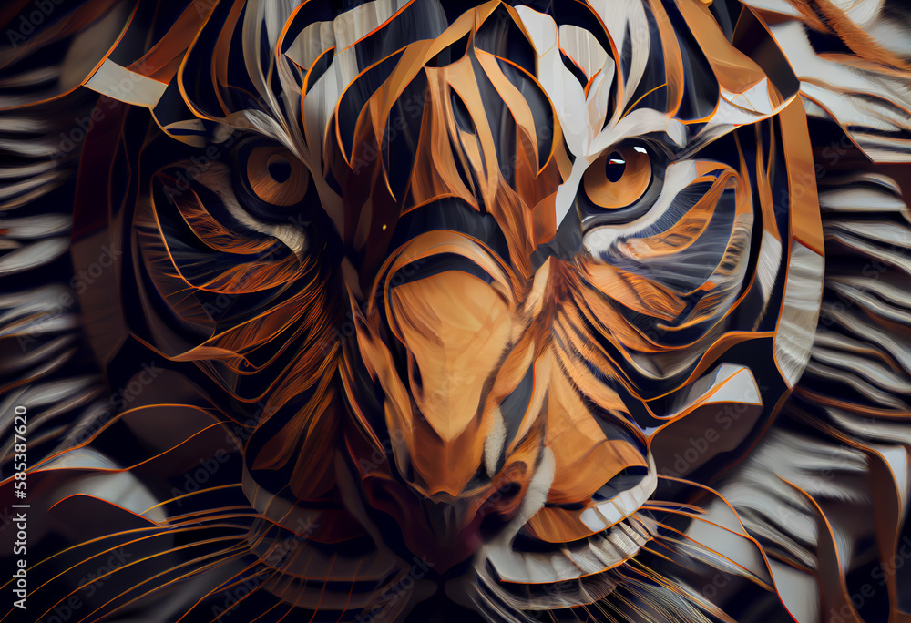 Poster A complex, multi-layered pattern of interlocking shapes that resembles a Tiger  face.  Generative AI technology.
