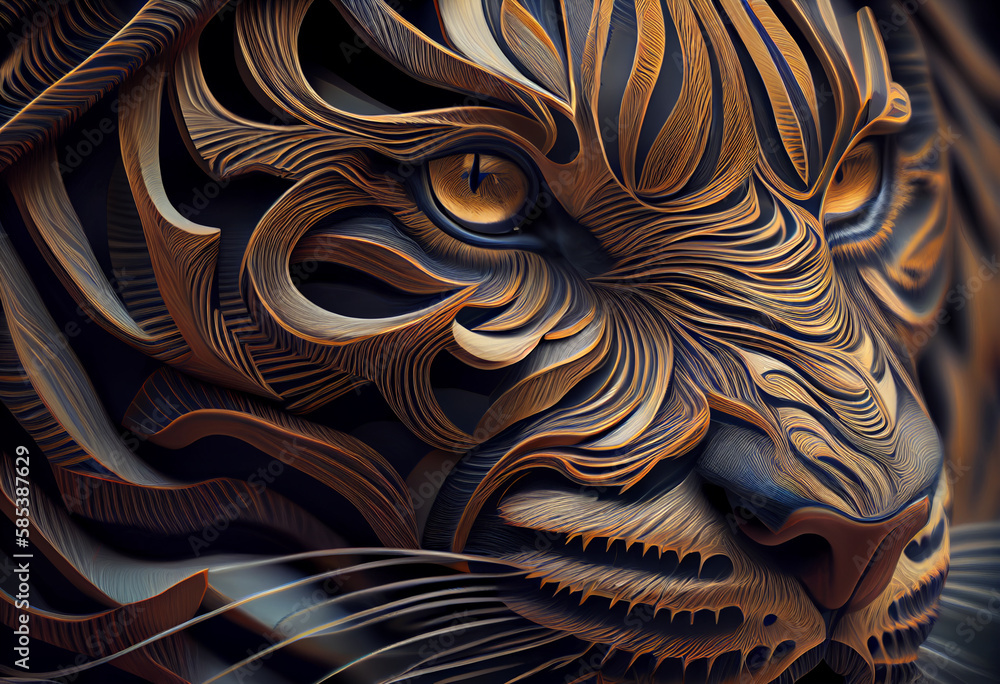 Aufkleber A complex, multi-layered pattern of interlocking shapes that resembles a Tiger  face.  Generative AI technology.
