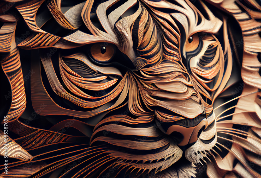 Poster A complex, multi-layered pattern of interlocking shapes that resembles a Tiger  face.  Generative AI technology.
