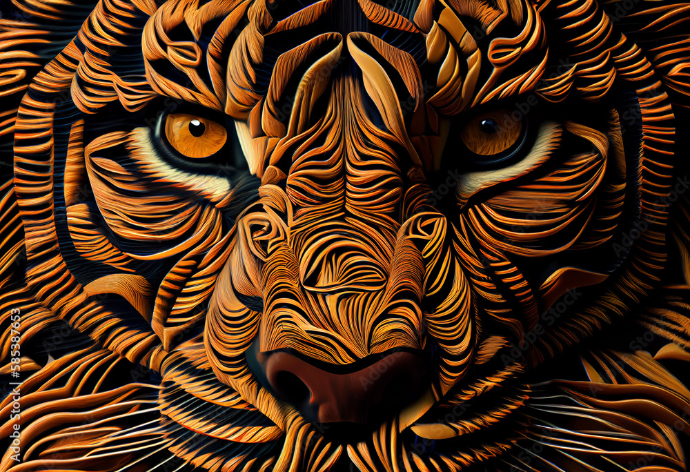 Poster A complex, multi-layered pattern of interlocking shapes that resembles a Tiger  face.  Generative AI technology.

