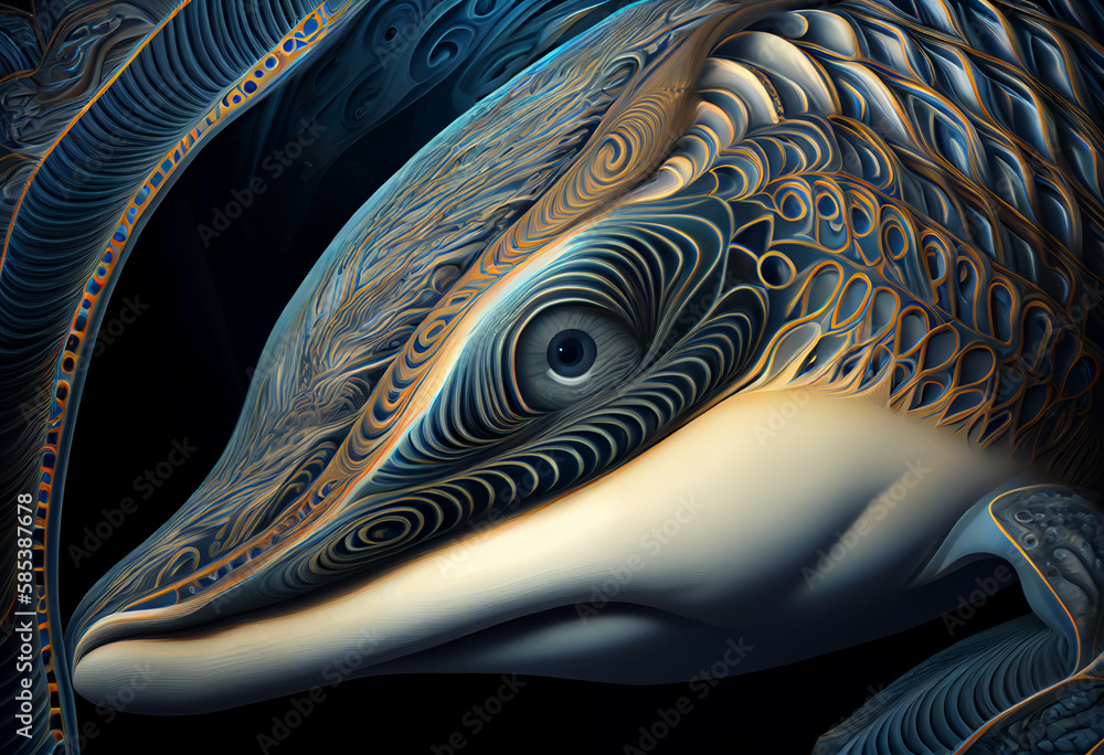 Poster a complex, multi-layered pattern of interlocking shapes that resembles a dolphin face. generative ai
