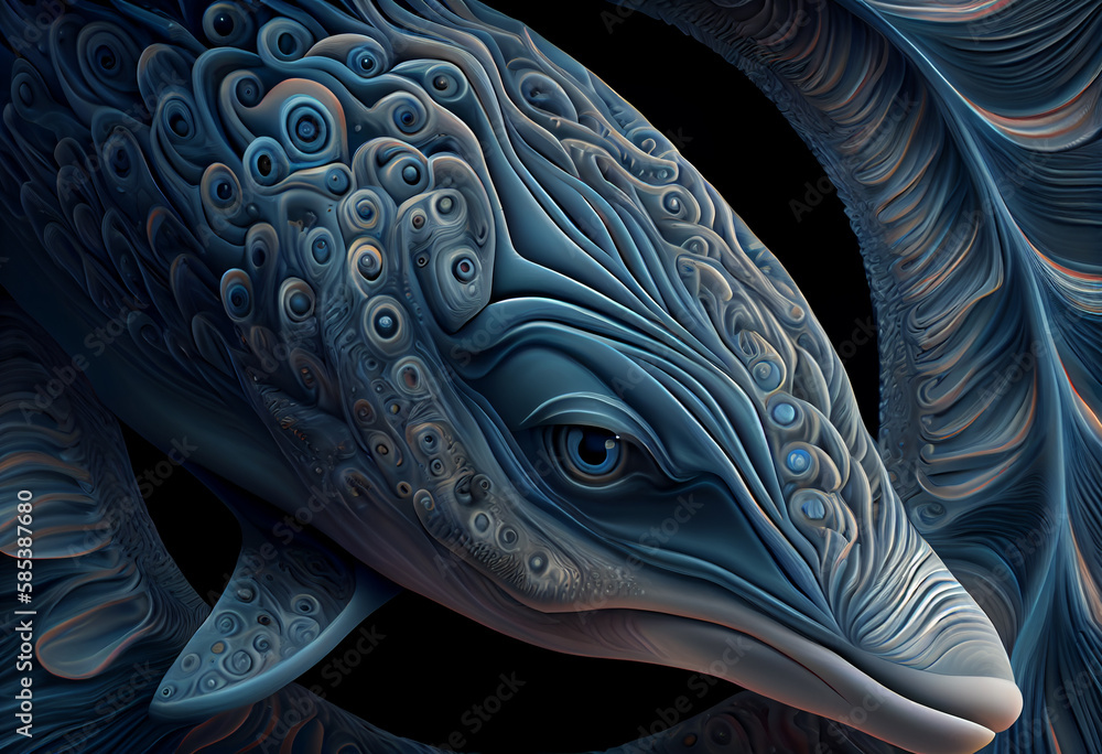 Poster a complex, multi-layered pattern of interlocking shapes that resembles a dolphin face. generative ai