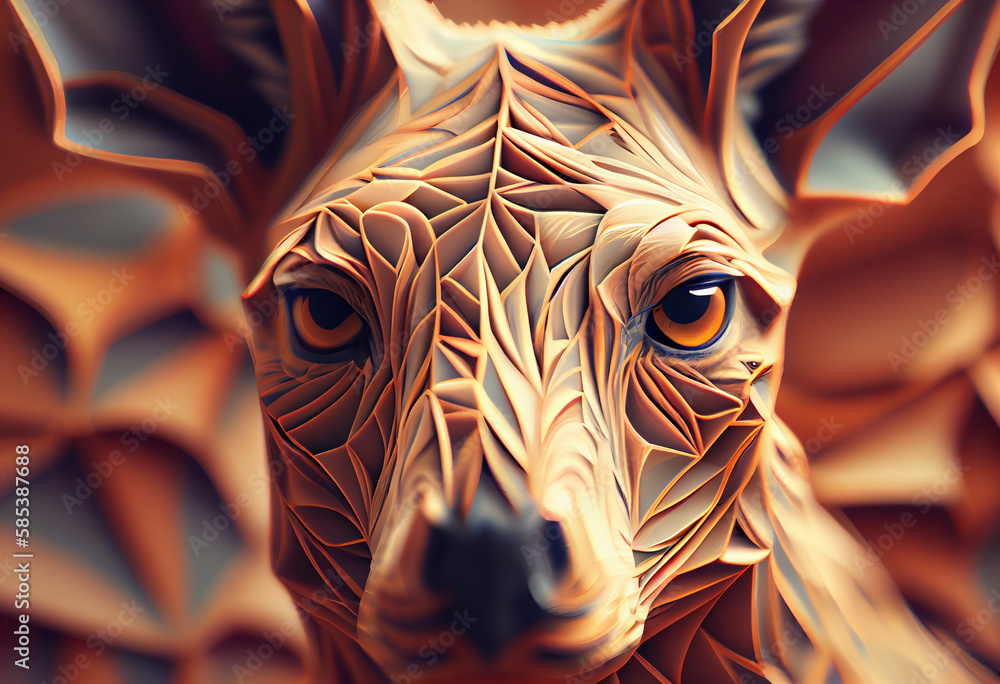 Poster a complex, multi-layered pattern of interlocking shapes that resembles a kangaroo's face. generative