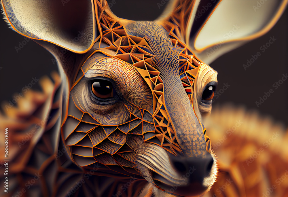 Poster a complex, multi-layered pattern of interlocking shapes that resembles a kangaroo's face. generative