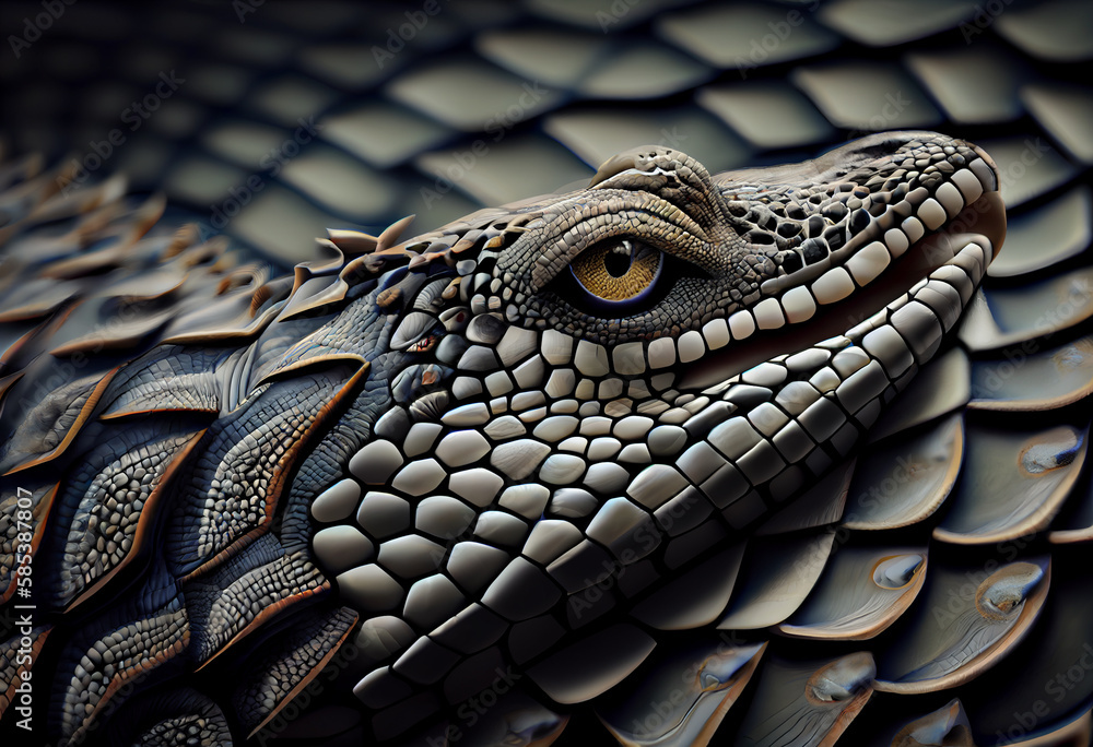 Poster A complex, multi-layered pattern of interlocking shapes that resembles a Crocodile face.  Generative AI technology.
