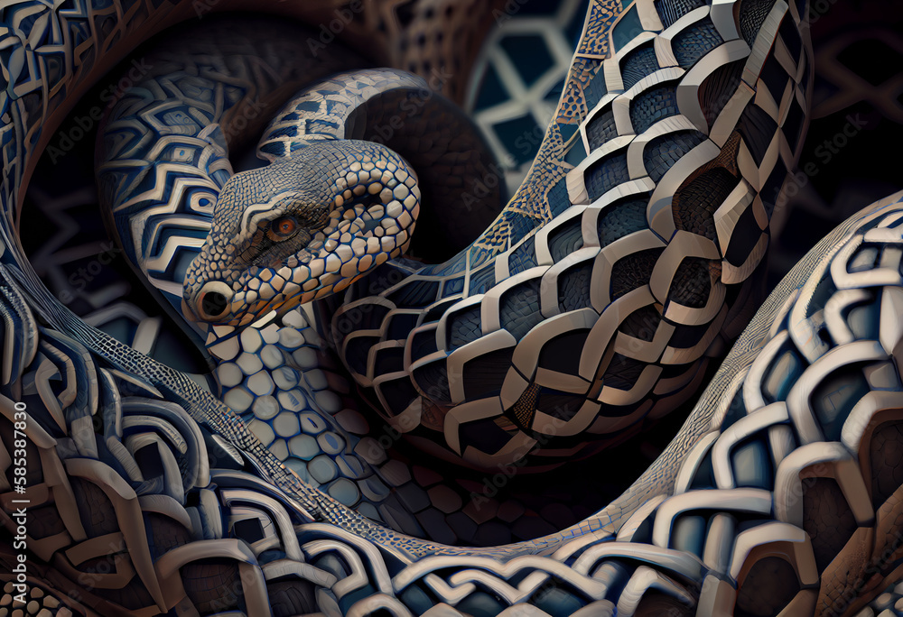 Poster A complex, multi-layered pattern of interlocking shapes that resembles a Snake face.  Generative AI technology.
