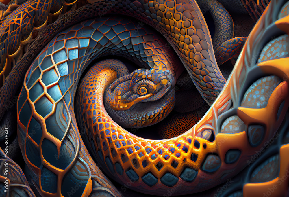 Fototapete a complex, multi-layered pattern of interlocking shapes that resembles a snake face. generative ai t