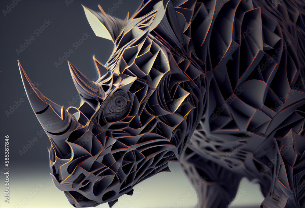 Aufkleber A complex, multi-layered pattern of interlocking shapes that resembles a Rhinocerose's face.  Generative AI technology.
