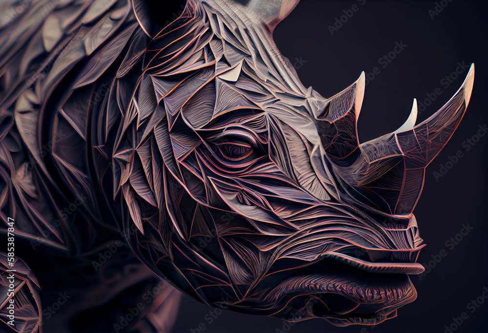 Poster A complex, multi-layered pattern of interlocking shapes that resembles a Rhinocerose's face.  Generative AI technology.
