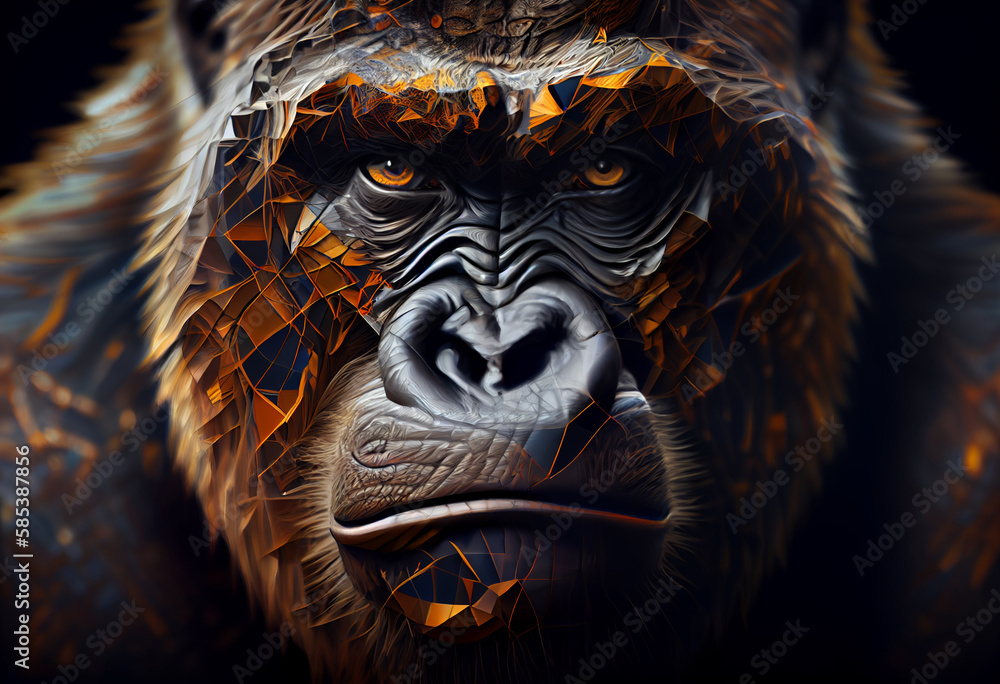 Poster A complex, multi-layered pattern of interlocking shapes that resembles a Gorilla's face.  Generative AI technology.
