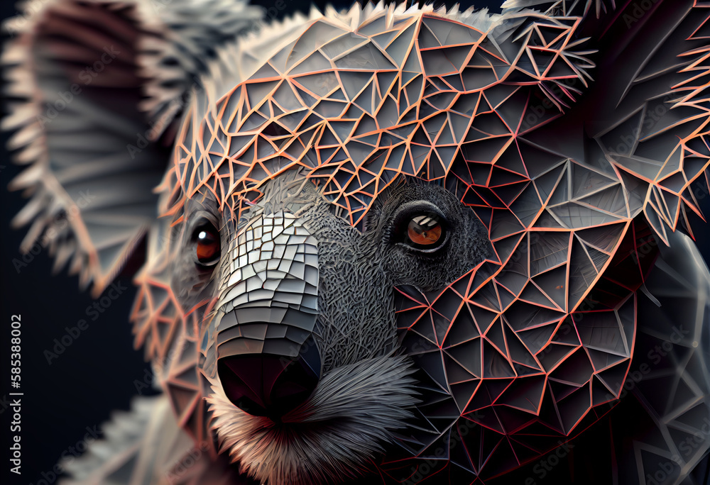 Poster A complex, multi-layered pattern of interlocking shapes that resembles a Koala  face.  Generative AI technology.
