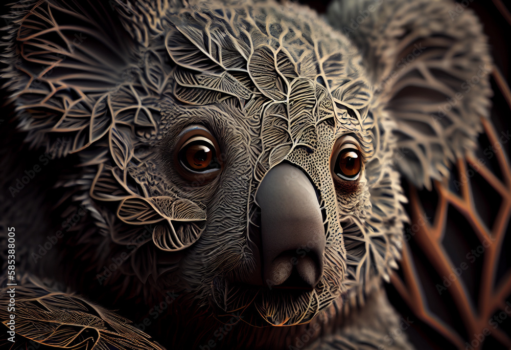 Poster A complex, multi-layered pattern of interlocking shapes that resembles a Koala  face.  Generative AI technology.
