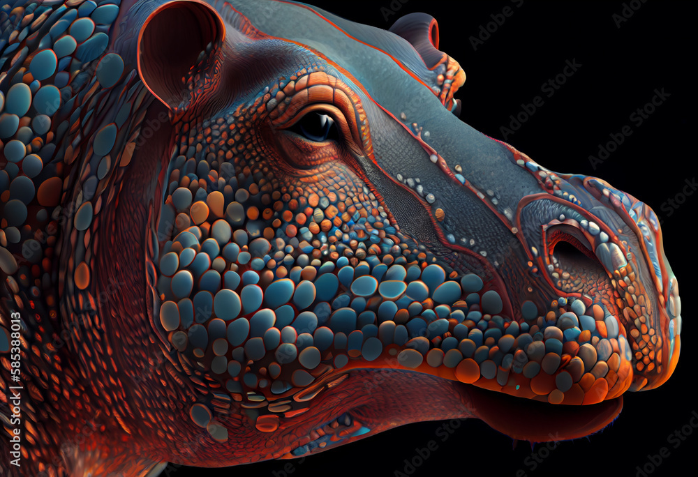 Poster A complex, multi-layered pattern of interlocking shapes that resembles a Hippo  face.  Generative AI technology.
