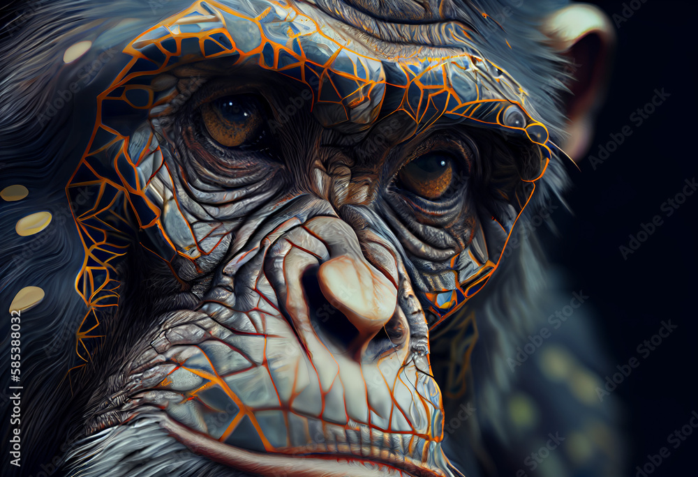 Leinwandbilder A complex, multi-layered pattern of interlocking shapes that resembles a Monkey face.  Generative AI technology.
