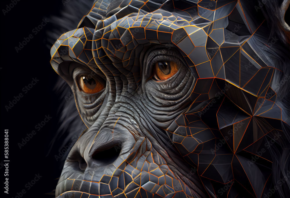 Leinwandbilder A complex, multi-layered pattern of interlocking shapes that resembles a Monkey face.  Generative AI technology.
