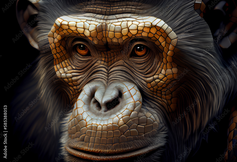 Leinwandbilder A complex, multi-layered pattern of interlocking shapes that resembles a Monkey face.  Generative AI technology.
