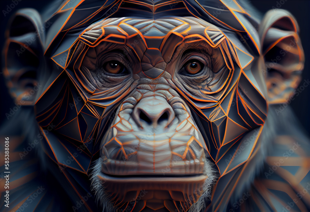 Leinwandbilder A complex, multi-layered pattern of interlocking shapes that resembles a Monkey face.  Generative AI technology.
