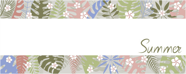 Summer tropical leaves and flower decoration graphic. Summer botanical background. Tropical plant illustration. Vector illustration.